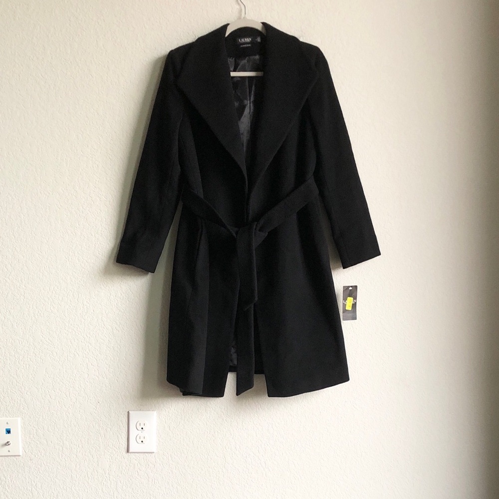 NWT Lauren Ralph Lauren Wool Cashmere Blend Belted Coat Wing Collar
